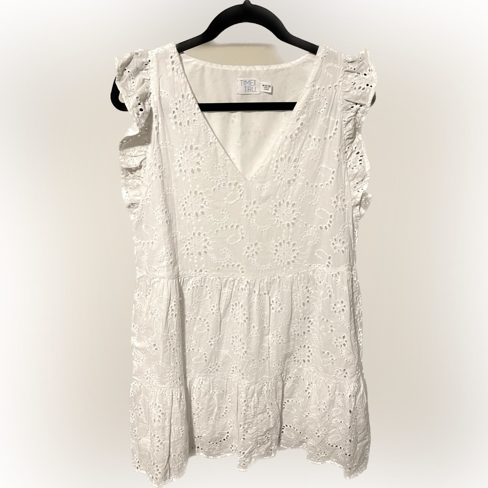Time and Tru Flutter Sleeve White Eyelet Tiered Dress